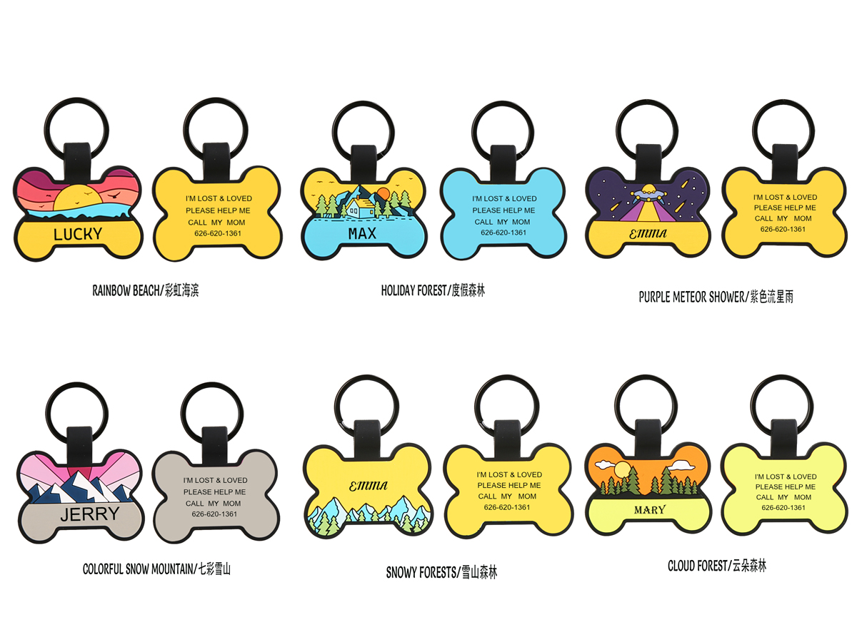 Bone-shaped silicone pet ID tags in multiple colorways