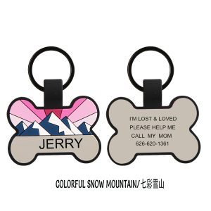 Colorful Snow Mountain Silicone Pet ID Tag — Bone-Shaped Custom Dog Tag with Mountain & Forest Artwork, Personalized Name & Lost Contact Info