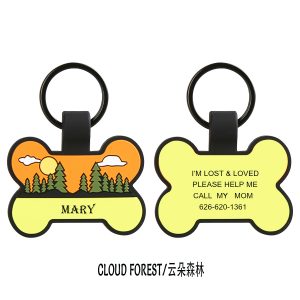 Cloud Forest Silicone Pet ID Tag — Bone-Shaped Custom Dog Tag with Sunset Forest Artwork, Personalized Name & Lost Contact Info