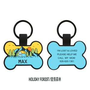 Holiday Forest Silicone Pet ID Tag — Bone-Shaped Custom Dog Tag with Cabin & Pine Trees Artwork, Personalized Name & Lost Contact Info