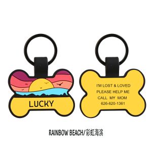 Rainbow Beach Silicone Pet ID Tag — Bone-Shaped Custom Dog Tag with Pink Sunset Artwork, Personalized Name & Lost Contact Info