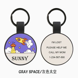 Gray-Space Silicone Pet ID Tag — Round Custom Dog Tag with Rocket & Planet Artwork, Personalized Name & Lost Pet Message