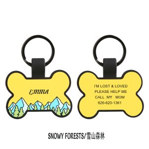 Snowy Forests Silicone Pet ID Tag — Bone-Shaped Custom Dog Tag with Pine Forest & Snow Scene Artwork, Personalized Name & Lost Contact Info