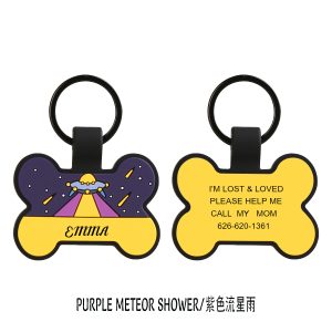 Purple Meteor Shower Silicone Pet ID Tag — Bone-Shaped Custom Dog Tag with Night Sky Artwork, Personalized Name & Lost Contact Info