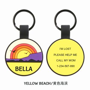 Yellow Beach Silicone Pet ID Tag — Round Custom Dog & Cat Tag with Personalized Name, Lost Contact Info & Beach Sunset